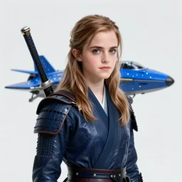 cyber art, emma watson samurai, blue starship in the background, art by ismail inceoglu