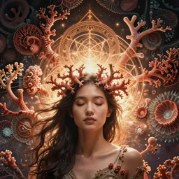 ridiculously beautiful young asian woman tripping, coral fractals radiating from head with sacred geometry, natural, awakening, symmetrical, in the style of ernst haeckel, effervescent, warm, photo realistic, epic and cinematic