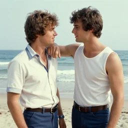 an extremely handsome young stud is flirting with another extremely handsome young man at the beach, 1 9 7 2