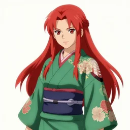 a portait of a beautiful redheaded female ninja wearing an intricate green and red kimono, drawn in the style of the anime naruto by masashi kishimoto. artstation, trending, high quality, studio ghibli, by hayao miyazaki