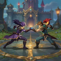 fight scene league of legends style fight on road near castles, center camera composition, 2 5 mm, bokeh, by studio ghibli, volumetric lighting, movie action scene, 8 k, lumen reflections, sharpened, insanely detailed and intricate, elegant, ornate