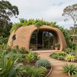 beautiful overgrown modern Earthship home made from clay cob with permaculture garden