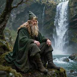 wizard sitting next to waterfall in the mountains, trending on deviantart, lord of the rings, detailed