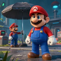Mario in a Resident Evil scene next to the umbrella corporation facility