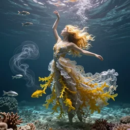 woman with long, golden glowing hair is dancing underwater wearing a long flowing dress made of many translucent layers of silver and gold lace seaweed, bolts of bright yellow fish, delicate coral sea bottom, swirling silver fish, swirling smoke shapes, unreal engine, caustics lighting from above, cinematic, hyperdetailed