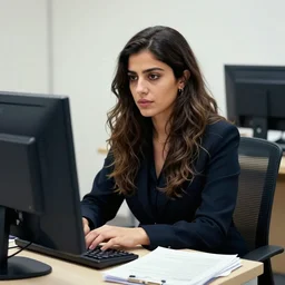 a color photograph of samira salehi in her office, by thomas ruff, intense, bold, hyperrealistic, ultra sharp, extra details, ultra high quality, trending on pinteresst