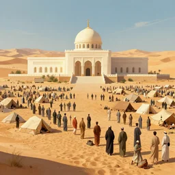 a crowd gathering around government camp grounds in the hot desert trending on artstation digital paint 4 k render
