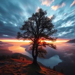 beautiful landscape photography by marc adamus, alps, a lake, a tree in the foreground, sunset, mist, dramatic sky