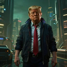 trump as a leader to an evil corporation in cyberpunk 2 0 7 7, technological, movie footage, high - tech, still frame