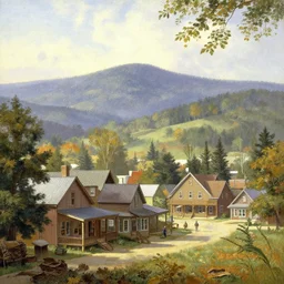 a quaint town in the blue ridge mountains, thomas kinkade, albert bierstadt