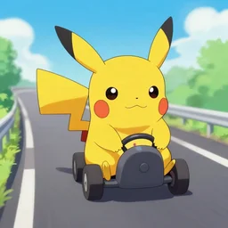 pikachu driving on a highway, digital art