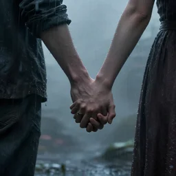 dramatic, mystical, couple holding hands zoomed in, digital art, video game, fog, rain, cyberpunk