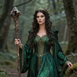 photograph of a real-life beautiful earth witch with ornate green robes and staff.  Extremely detailed. 8k