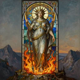 breathtaking detailed soft painting full body of a female goddess with a crown and a spear on top of a mountain, celtic culture, rembrandt style, detailed art nouveau stained glass of flames, elegant, highly detailed, artstation, concept art, matte, sharp focus, art by Tom Bagshaw, Artgerm and Greg Rutkowski