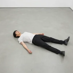 a chinese person laying flat on the floor by daniel johnston and peter doig, line brush, minimal