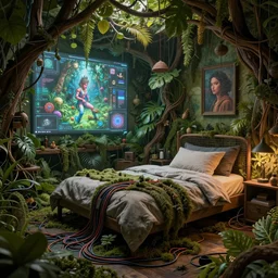 an intricate concept art illustration of an undergrowth cozy bedroom, computer wires, digital art, photorealistic movie still, style ivan talavera and artgerm, hyper realistic, photorealistic, octane render, trending on artstation, cgsociety, cinematic lighting, 8 k