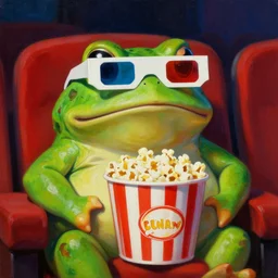 hyper realistic oil painting of chubby green toad wearing anachrome 3 d glasses and sitting in the cinema with bucket of popcorn, vibrant colors, high contrast, by greg rutkowski, trending on artstation