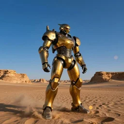 armored core v by liam wong, ; outdoor, pure blue sky, open desert, empty desert, sand, karst landscape, golden time, twilight ; digital painting, dynamic contrast, bokeh, motion blur, photoreal, cinematic,