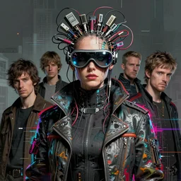 a female cyberpunk, goggles, boner jacket, with electrical wires and computer cables coming from his head, by jeremy mann, james jean and agnes cecile, and dave mckean, ashley wood, ink drips, paint smears, digital glitches, glitchart