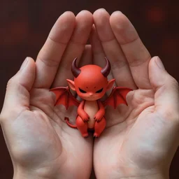 tiny small cute demon held between palms of hands ,RED color scheme , fully detailed, atmospheric, volumetric lightening, beautiful , deviant art, artstation