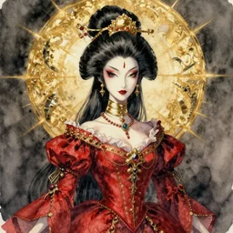 watercolor painting of avant - garde portrait of a japanese bjd geisha vampire queen with a long neck in a victorian red dress painted by daniel merriam, intricate detail, artstation, artgerm, in the style of dark - fantasy, rococo, gold leaf art