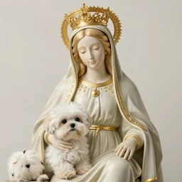 blonde madonna with a coton de tulear on her lap. bordeaux with a gold filigree background. art nouveau. masterful, detailed drawing