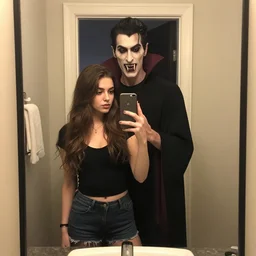 a handsome guy and a girl take a selfie in front of a mirror in the bathroom. behind them in the doorway stands a vampire with long fangs. art by greg rutkowski