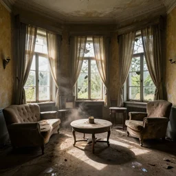 abandoned 7 0's manor, dusty furnitures, sunlight through broken dusty windows, curtains floating in the wind, dust particles, old yellowed wallpaper, hyperdetailed, artstation, cgsociety, 8 k