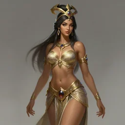 a highly detailed illustration of tanned goddess ishtar, elegant seductive pose, intricate, elegant, highly detailed, centered, digital painting, artstation, concept art, smooth, sharp focus, league of legends concept art, wlop