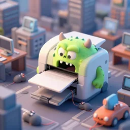 printer scary monster terrorising office city with computer mice cars, orthographic view, 4 5 angles, cute, funny, high detailed, silicon valley opening style, 3 d render, tilt shift, cinematic frame,