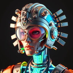 awardwinning photo of a steampunk avatar, wearing a glowing blue and silver metallic aztec futurism helmet with multicolored tubes and shiny metallic devices, 3 d render, crisp, 8 k, fluorescent colors, insanely integrate, nikon photography