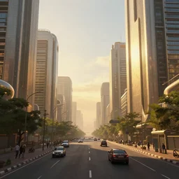mumbai in the future, city streets, golden hour, distopian fantasy, trending on pixiv