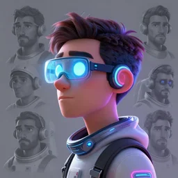 pixar character side view future coder man, stylized cyclops display over eyes and sleek glowing headset, neon accents, holographic colors, desaturated headshot portrait digital painting by leyendecker, donato giancola, philip coles, ivan bilibin, john berkey, astronaut cyberpunk electric lights profile