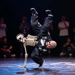 a photo of a skeleton breakdancing with sunglasses on a dance floor