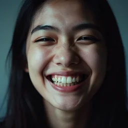 a smiling woman with many many many teeth!!!! 3 5 mm f / 2. 8, kodachrome, moody lighting.