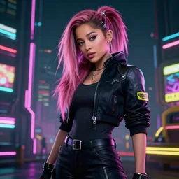 ariana grande in cyberpunk 2 0 7 7, 4 k, high res, octane render, blender, unreal engine, raytracing, neon, moxxi, sci - fi