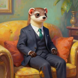 a portrait painting of a weasel in suit sitting on a sofa, humanoid, anthropomorphic, personify, trending on artstation by wenjun lin, irakli nadar, bright colors, octopath traveler, wenjun lin, unreal engine 5 highly rendered, global illumination, radiant light, detailed and intricate environment