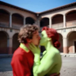 out of focus, blurry photography by saul leiter and ernst haas in a pompeii court, airforce blue, red, bright pale green, no people, a kiss