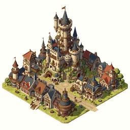 isometric view of steampunk town with a castle and buildings