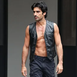 photo of fabio lanzoni with black hair and a five o clock shadow wearing a black black leather vest vest, shirtless, dark cargo pants 9 9 9 9 9 9