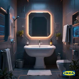 IKEA catalogue photo of a cyberpunk bathroom, by Paul Lehr, 8k, HD, realistic, cinematic, artstation, details
