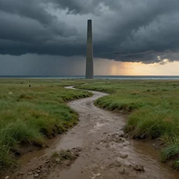 muddy river leads to sea by hiroshi yoshida, marc simonetti, roger deakins, turner, rothko, hyperrealism, cinematic, grassland, dramatic storm sunset, modernist monolith, matte painting, fluid simulation, tonalism, volumetric light, trending on artstation, cgsociety, high detail concept art, top view, rendered in octane