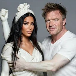kim kardashian and gordon ramsey as a classical greek marble statue, super high detail, hyperrealism, white marble, shiny
