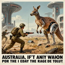 an Australian propaganda poster promoting the Australian army fighting in a futuristic war against robot kangaroos, dystopian future warfare