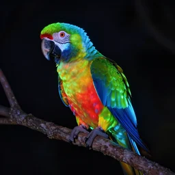 realistic photo of colorful glowing parrot sitting on tree at dark night, very sharp focus, very hyper realistic, art of greg rutsowski, highly detailed, fantasy art station