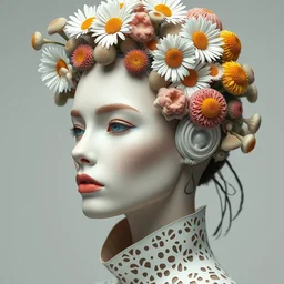 biomechanical beautiful woman portrait with a smooth porcelain profile face, futuristic haute couture, iris van herpin, headdress with daisies, colorful puffballs, mushrooms, rhizomorphs, brackets, sponge corals, laser cut paper collar, octane highly render, 8 k, uhd
