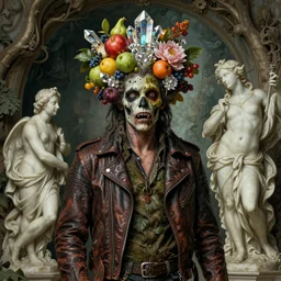 bodyshot of a trickster nature spirit, leather jacket, zombie rock star, head made of fruits and crystals and flowers in the style of giuseppe arcimboldo and bernini, digital illustration, highly detailed, fantasy, baroque, grotto, artstation