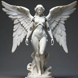 a bloody statue made of white marble, of an gorgeous futuristic cybernetic angel girl, prostheses, transhumanism, full body shot, perfect symmetrical body, perfect symmetrical face, hyper realistic, hyper detailed, by johannen voss, by peter kemp, by monia merlo, by michelangelo, octane render, blender, 8 k