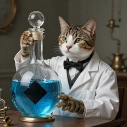 an aristocratic cat dressed as a scientist intrigued by a refined transparent flacon filled with magic blue iridescent liquid, there is a black square on the bottle, art highly detailed, by greg rutkowski, concept art, steampunk