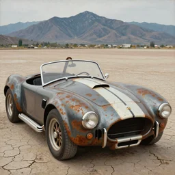 closeup of rusty 1965 shelby cobra, mountains in the background, full car, weathered, convertible, desert, cracked dry lake bed, by Zdzislaw Beksinski, Norman Rockwell, sorayama, al duke, Valter de Morais, highly detailed, soft lighting, film grain, 8k resolution, hd, oil on canvas